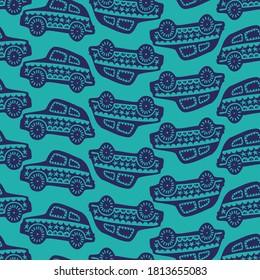 Vector seamless colorful pattern ornamental festive blue cars with stars on turquoise background. Perfect for backgrounds, textiles, clothes, wallpapers, wrapping paper, surfaces.