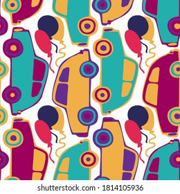 Vector de patrón colorido impecable de coches vintage ornamentales con globos en líneas verticales sobre fondo blanco. Perfecto para antecedentes, textiles, ropa, papeles pintados, papel de envoltura, superficies.