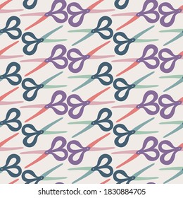 Vector seamless colorful pattern ornamental design of flat scissors in pastel colors. The design is perfect for barber or hairdresser design backgrounds, sewing textiles, decorations, wrapping paper