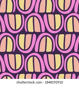 Vector seamless colorful pattern of ornamental abstract shapes in lines in bright purple and yellow. The design is perfect for sheets, backgrounds, wrapping paper, wallpaper, textiles, surfaces