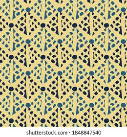 Vector seamless colorful pattern of ornamental abstract dots shapes in lines on yellow background. The design is perfect for sheets, backgrounds, wrapping paper, wallpaper, textiles, surfaces