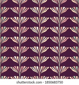 Vector seamless colorful pattern of ornamental abstract shapes in lines on dark violet background. The design is perfect for sheets, backgrounds, wrapping paper, wallpaper, textiles, surfaces