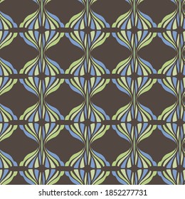 Vector seamless colorful pattern of ornamental abstract shapes in lines on dark brown background. The design is perfect for sheets, backgrounds, wrapping paper, wallpaper, textiles, surfaces