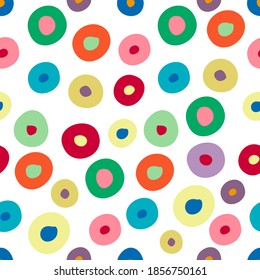 Vector seamless colorful pattern of ornamental abstract dots and circles on white background. The design is perfect for sheets, backgrounds, wrapping paper, wallpaper, textiles, surfaces