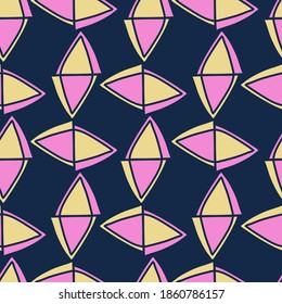 Vector seamless colorful pattern of ornamental abstract shapes rhombuses in lines in bright purple and yellow. The design is perfect for backgrounds, wrapping paper, wallpaper, textiles, surface