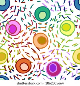 Vector seamless colorful pattern of ornamental abstract dots and circles on white background. The design is perfect for sheets, backgrounds, wrapping paper, wallpaper, textiles, surfaces