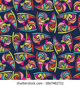 Vektornahtlose farbige Muster von abstrakten Zierformen dreiecke in Linien in hellviolett und gelb. Das Design ist perfekt für Hintergründe, Wickelpapier, Tapeten, Textilien, Oberflächen