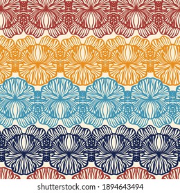 Vector seamless colorful pattern of ornamental abstract floral shapes in pastel colors. The design is perfect for sheets, backgrounds, wrapping paper, wallpaper, textiles, surfaces
