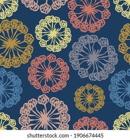 Vector seamless colorful pattern of ornamental abstract floral shapes in pastel colors on dark blue. The design is perfect for sheets, backgrounds, wrapping paper, wallpaper, textiles, surfaces