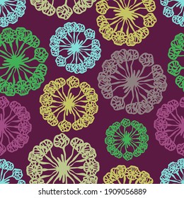 Vektornahtlose farbige Muster abstrakter, abstrakter Blumenformen in Pastellfarben auf dunkelviolett. Das Design eignet sich perfekt für Bettlaken, Hintergründe, Wickelpapier, Tapeten, Textilien, Oberflächen