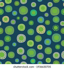 Patrón de color sin fisuras vectorial de puntos y círculos abstractos ornamentales en tonos verdes. El diseño es perfecto para sábanas, fondos, papel de envoltura, papel pintado, textiles, superficies