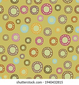 Vector seamless colorful pattern of ornamental abstract dots and circles in dull yellow tones. The design is perfect for sheets, backgrounds, wrapping paper, wallpaper, textiles, surfaces