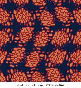 Vector seamless colorful pattern of ornamental abstract dots and circles in orange tones on dark blue. The design is perfect for sheets, backgrounds, wrapping paper, wallpaper, textiles, surfaces