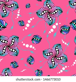 Vector seamless colorful pattern with a pink background and abstract elements.