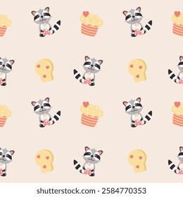 Vector seamless colorful pattern in raccoon doodle style.