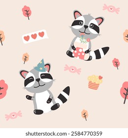 Vector seamless colorful pattern in raccoon doodle style.