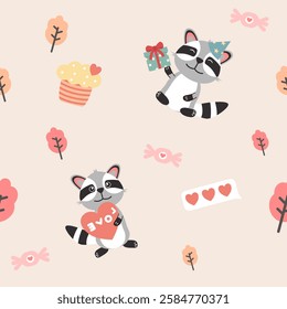 Vector seamless colorful pattern in raccoon doodle style.