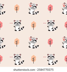 Vector seamless colorful pattern in raccoon doodle style.