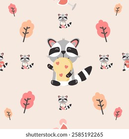 Vector seamless colorful pattern in raccoon doodle style.