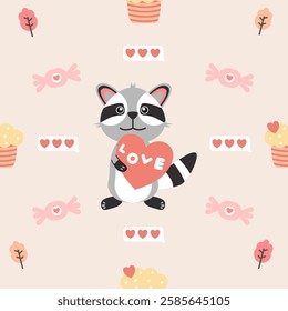 Vector seamless colorful pattern in raccoon doodle style.