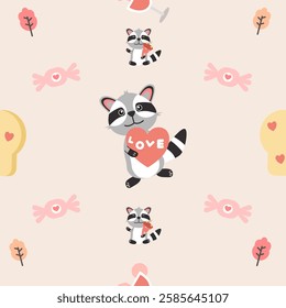 Vector seamless colorful pattern in raccoon doodle style.