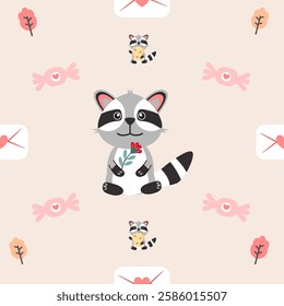 Vector seamless colorful pattern in raccoon doodle style.