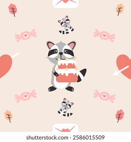 Vector seamless colorful pattern in raccoon doodle style.