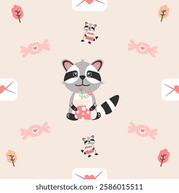 Vector seamless colorful pattern in raccoon doodle style.