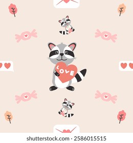 Vector seamless colorful pattern in raccoon doodle style.