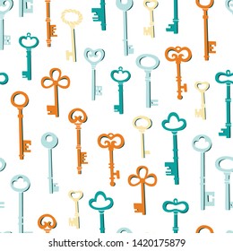 Vector Seamless Colorful Pattern with Retro Style Key on White Background.