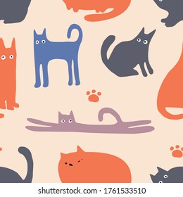 Vector seamless colorful pattern silhouettes of cats and paws on yellow background. The design is perfect for pyjamas, textiles, backgrounds, wallpapers, wrapping paper, decorations, sheets