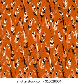 Vector seamless colorful pattern with silhouettes of wheat. Whole grain, natural, organic background for bakery package, bread products. Vector illustration of growing rye field. Barley, corn texture.