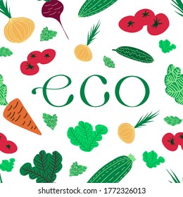 Vector seamless colorful pattern with tasty eco friendly vegetables and salad. Healthy food and lifestyle design. Perfect for packages, decorations, logos, wrapping paper, kitchen supplies, surfaces