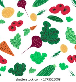 Vector seamless colorful pattern with tasty eco friendly vegetables and salad. Healthy food and lifestyle design. Perfect for packages, decorations, logos, wrapping paper, kitchen supplies, surfaces