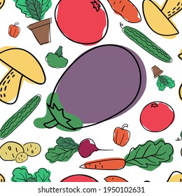Vector de un patrón colorido sin fisuras con sabrosas verduras ecológicas. Diseño de alimentos y estilos de vida saludables. Perfecto para paquetes, decoraciones, logotipos, papel de envoltura, suministros de cocina, superficies