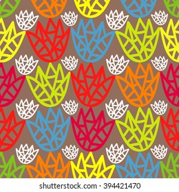 Vector seamless colorful pattern with tulip flower. Geometric hand drawn background. Texture for web, print, wallpaper, home decor, spring summer fashion fabric, textile, invitation background