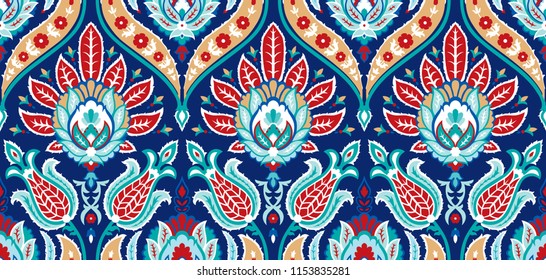 Vector Seamless Colorful Pattern In Turkish Style. Vintage Decorative Background. Hand Drawn Ornament. Islam, Arabic, Ottoman Motifs. Wallpaper, Fabric Print.