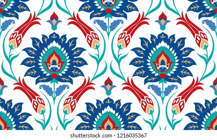 Vector seamless colorful pattern in turkish style. Vintage decorative background. Hand drawn ornament. Islam, Arabic, ottoman motifs. Wallpaper, fabric, wrapping paper print. 