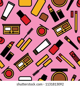 Vector seamless colorful pattern of a woman's makeup. Set of flat style makeup products over pink background