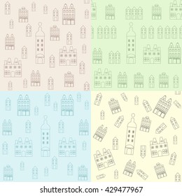 Vector seamless colorful patterns with houses. Colorful vector background with european houses.