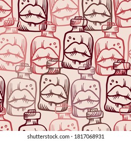 Vektornahtlose, farbige, rosa abstrakte Muster von mit Ziergegenständen gesäumten Lippen im Reagenzglas. geheimnisvolle grafische Illustration. Das Design ist perfekt für Hintergründe, Textilien, Oberflächen, Packpapier, Bogen