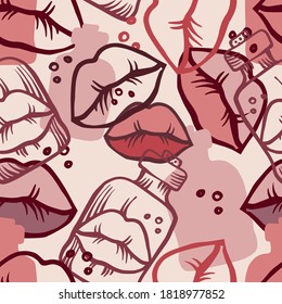 Vector seamless colorful pink abstract pattern of ornamental lined lips in test tubes. Mysterious graphic illustration. The design is perfect for backgrounds, textile, surfaces, wrapping paper, sheets