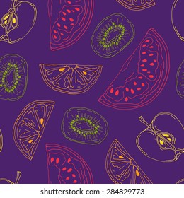 Vector seamless colorful purple pattern with contour of fruits - watermelon, kiwi, apple, orange