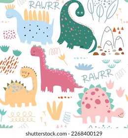 Vector seamless colorful repeating pattern with dinosaurs in Scandinavian style. Children's seamless pattern with hand-drawn dinosaurs. Vector illustration of dinosaurs. Vector stock illustration.