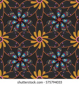 Vector Seamless Colorful Rounded Floral Oriental Hexagonal Mandala Pattern Abstract Background