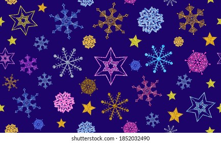 Vector Seamless Colorful Snowflakes, Stars with the Glitter, Metalic Effect. Hand Drawn Christmas Decor on a Blue Background - pattern for Packaging, Wrapping Paper, Cards, Poster, Banner and Textile.