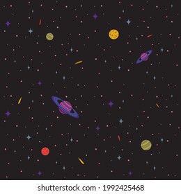 Vector seamless colorful space pattern with planets, stars and comets on black background