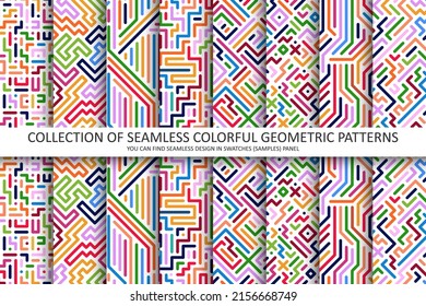 Vector seamless colorful striped patterns. Digital bright prints. Abstract geometric trendy backgrounds. You can find endless design in swatches panel