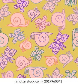 Vector seamless colorful stylised pattern with abstract simple butterflies and snails. The design is perfect for textiles, wrapping paper, wallpaper, packaging, backgrounds, clothes.