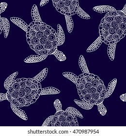 Vector seamless colorful turtle pattern with hand drawn turtle illustrations